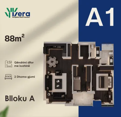 Planimetria A1, Blloku A: 2 dhoma gjumi, 88 m²