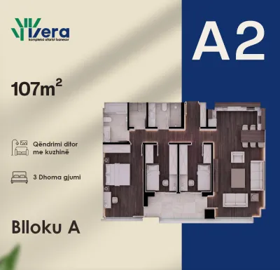 Planimetria A2, Blloku A: 3 dhoma gjumi, 107 m²