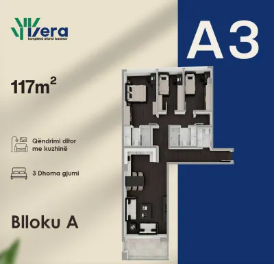 Planimetria A3, Blloku A: 3 dhoma gjumi, 117–137 m²