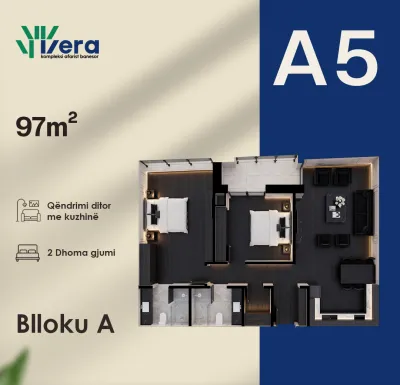 Planimetria A5, Blloku A: 2 dhoma gjumi, 97–160 m²
