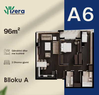 Planimetria A6, Blloku A: 2 dhoma gjumi, 96 m²