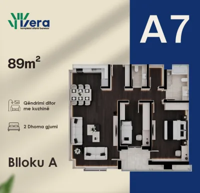 Planimetria A7, Blloku A: 2 dhoma gjumi, 89 m²