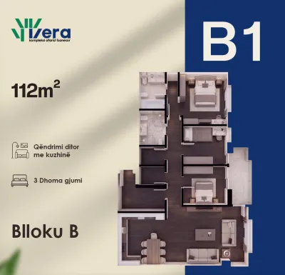Planimetria B1, Blloku B: 3 dhoma gjumi, 112 m²