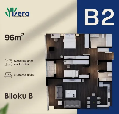 Planimetria B2, Blloku B: 2 dhoma gjumi, 93–96 m²