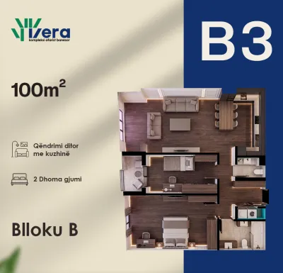 Planimetria B3, Blloku B: 2 dhoma gjumi, 93–100 m²