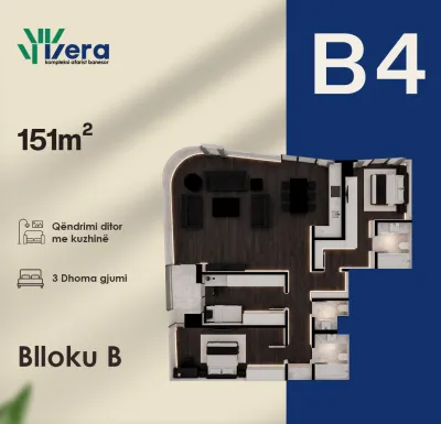 Planimetria B4, Blloku B: 3 dhoma gjumi, 121–151 m²