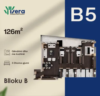 Planimetria B5, Blloku B: 3 dhoma gjumi, 113–127 m²