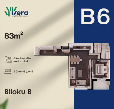 Planimetria B6, Blloku B: 1 dhoma gjumi, 83 m²