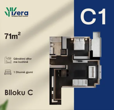 Planimetria C1, Blloku C: 1 dhoma gjumi, 71 m²