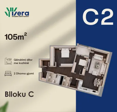 Planimetria C2, Blloku C: 2 dhoma gjumi, 105 m²