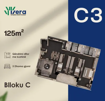 Planimetria C3, Blloku C: 3 dhoma gjumi, 125 m²