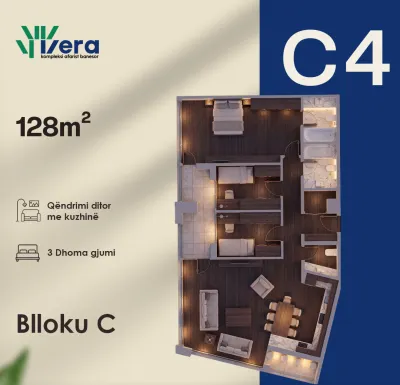 Planimetria C4, Blloku C: 3 dhoma gjumi, 128 m²