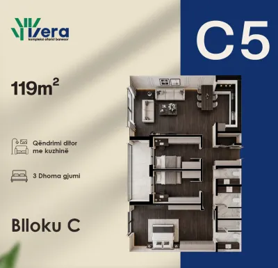 Planimetria C5, Blloku C: 3 dhoma gjumi, 119 m²