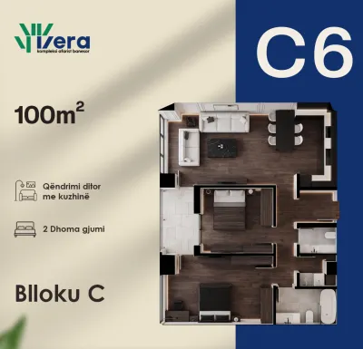 Planimetria C6, Blloku C: 2 dhoma gjumi, 100 m²