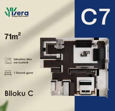 Planimetria C7, Blloku C: 1 dhoma gjumi, 71 m²