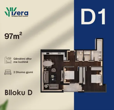 Planimetria D1, Blloku D: 2 dhoma gjumi, 97 m²
