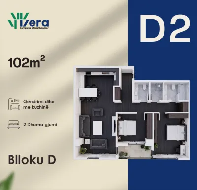 Planimetria D2, Blloku D: 2 dhoma gjumi, 102 m²