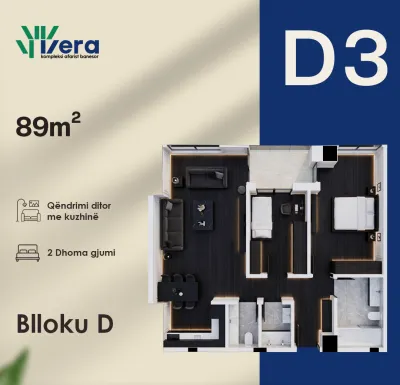Planimetria D3, Blloku D: 2 dhoma gjumi, 89 m²