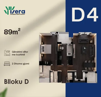 Planimetria D4, Blloku D: 2 dhoma gjumi, 89 m²