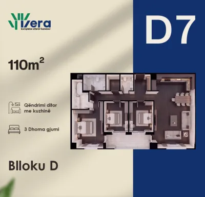 Planimetria D7, Blloku D: 3 dhoma gjumi, 110 m²